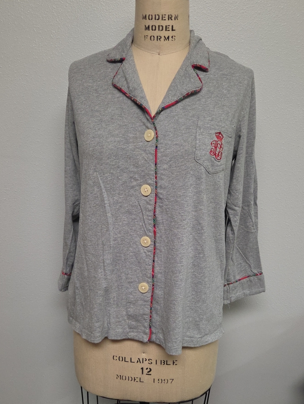 Ralph Lauren Light Gray Button-Front Sleep Top with Pink Trim
